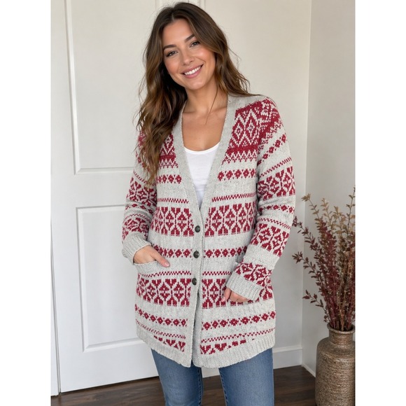 J. Jill Sweaters - Nordic Fair Isle Cardigan Sweater L Metal Sequence‎ Red holiday Yak Wool festive